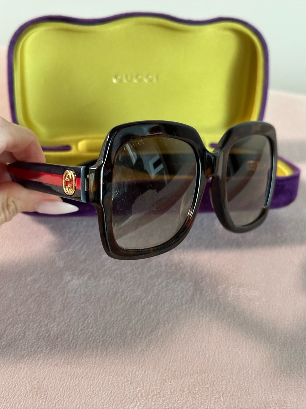 Gucci Brown Square Sunglasses with Red Stripe and Gold Logo